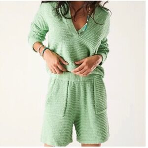 Free People Carter Sweater Shorts Set Mint Green Textured Collared Pullover S